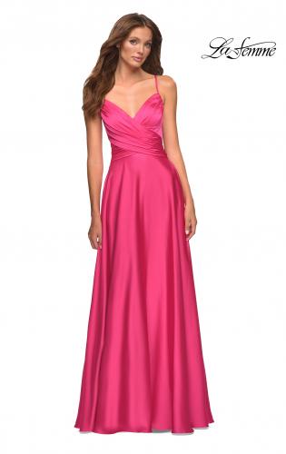 Picture of: Satin Hot Pink Gown with Criss-Cross Ruched Top in Pink, Style: 30616, Detail Picture 1
