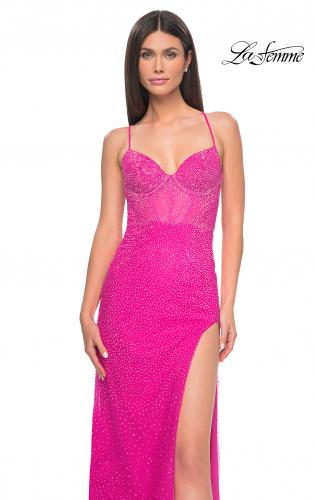 Picture of: Rhinestone Net Prom Dress with High Slit and Bustier Top in Hot Pink, Style: 32328, Detail Picture 1