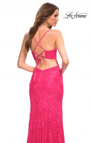 Picture of: Hot Pink Stretch Lace Prom Dress with Deep V Neckline in Pink, Style: 30686, Detail Picture 2