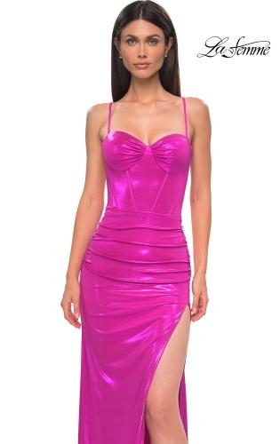 Picture of: Metallic Jersey Fitted Dress with Corset Top and Sheer Back in Hot Pink, Style 32526, Detail Picture 3