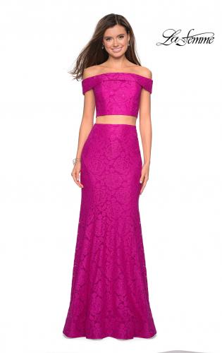 Picture of: Lace Two Piece Off the Shoulder Dress with Rhinestones in Hot Pink, Style: 27443, Detail Picture 4