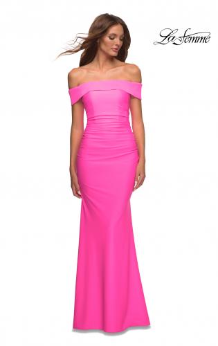 Picture of: Long Off the Shoulder Ruched Neon Jersey Dress in Pink, Style: 30421, Detail Picture 4