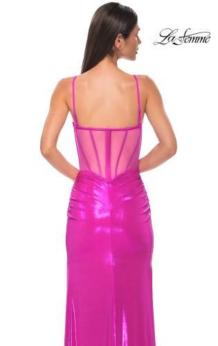 Picture of: Metallic Jersey Fitted Dress with Corset Top and Sheer Back in Hot Pink, Style 32526, Detail Picture 4