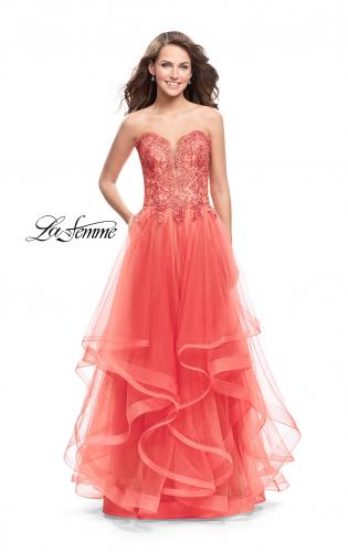 Picture of: Strapless Ruffle Tulle Ball Gown with Beaded Lace Bodice in Hot Coral, Style: 25515, Main Picture