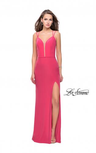 Picture of: Form Fitting Jersey Prom Dress with Side Leg Slit in Hot Coral, Style: 25725, Detail Picture 2