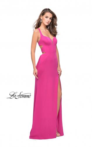 Picture of: Form Fitting Satin Gown with Side Cut Outs and V Neckline in Hot Pink, Style: 25853, Detail Picture 5