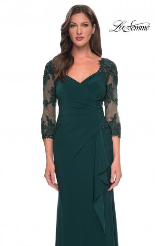 Picture of: Lace and Net Jersey Gown with Illusion Sleeves in Hunter Green, Style: 30384, Detail Picture 9