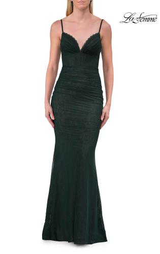 Picture of: Lace Fitted Gown with Ruched Bodice and Sheer Back in Hunter Green, Style: 33443, Detail Picture 18