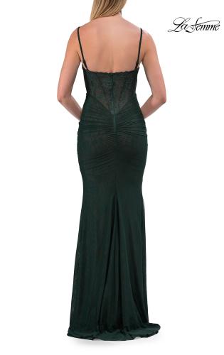 Picture of: Lace Fitted Gown with Ruched Bodice and Sheer Back in Hunter Green, Style: 33443, Detail Picture 19