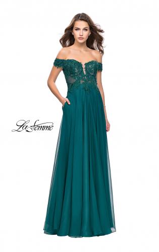 Picture of: Chiffon Prom Dress with Off the Shoulder Lace Top in Hunter Green, Style: 25129, Detail Picture 2