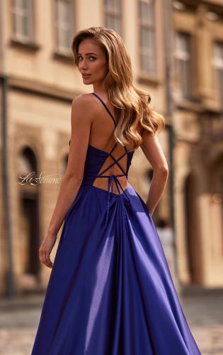 Picture of: A-Line Satin Gown with Draped Bodice, Slit, and Lace-Up Back in Indigo, Style: 33373, Detail Picture 10