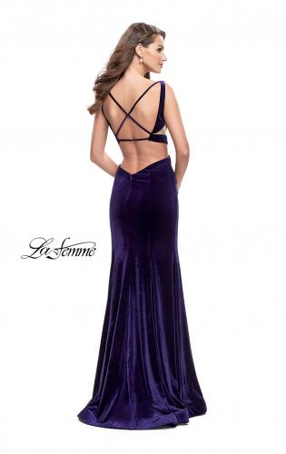 Picture of: Form Fitting Velvet Mermaid Gown with Side Cut Outs in Indigo, Style: 25866, Back Picture