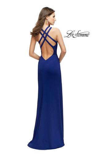 Picture of: High Neck Prom Dress with Halter Double Strap Detail in Indigo, Style: 25883, Back Picture