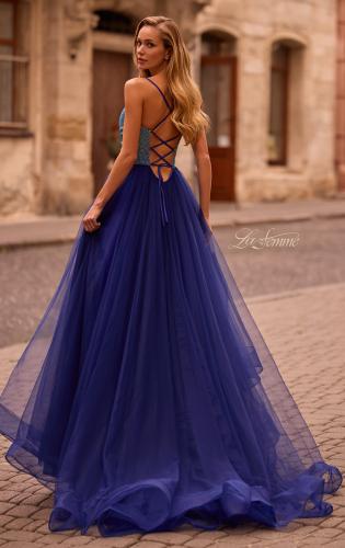 Picture of: A-line Tulle Gown with Draped Mesh Rhinestone Bodice in Indigo , Style: 32838, Back Picture