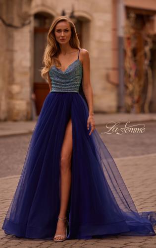 Picture of: A-line Tulle Gown with Draped Mesh Rhinestone Bodice in Indigo , Style: 32838, Detail Picture 1