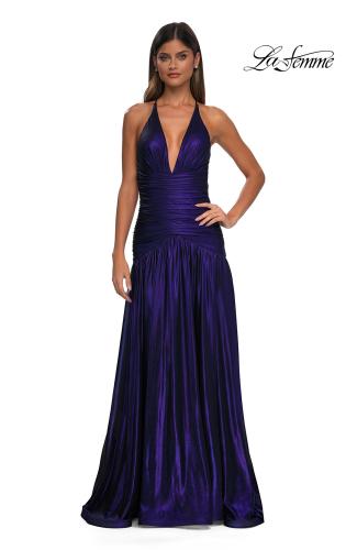 Picture of: Beautiful Long Metallic Net Jersey Gown with Flattering Ruching in Indigo, Style: 32887, Detail Picture 5