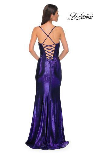 Picture of: Fitted Metallic Jersey Prom Dress with Corset Style Top in Indigo , Style 32877, Detail Picture 6