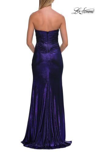 Picture of: Strapless Metallic Gown with Draped Bodice and High Slit in Indigo, Style: 33291, Detail Picture 6