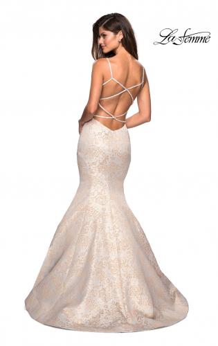 Picture of: Long Prom Dress with Gold Metallic Floral Print in Ivory Gold, Style: 27310, Back Picture