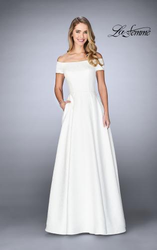 Picture of: Off The Shoulder Jacquard Gown With Small Sleeves in Ivory, Style: 24859, Detail Picture 1