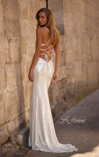 Picture of: Ruched Metallic Jersey Dress with Open Lace Up Back in Ivory , Style 32945, Back Picture