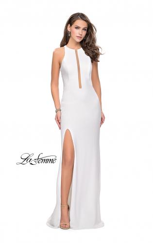 Picture of: Long Jersey Dress with High Neckline and Side Leg Slit in Ivory, Style: 25477, Detail Picture 2