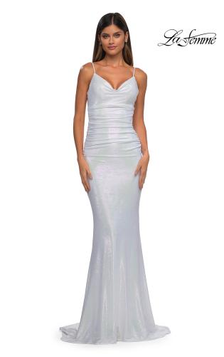 Picture of: Gorgeous Metallic Prom Dress with Ruching and Illusion Back in Ivory, Style: 33034, Detail Picture 7