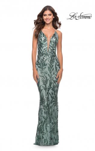 Picture of: Deep V Print Sequin Gown in Jade in Jade, Style: 31522, Main Picture