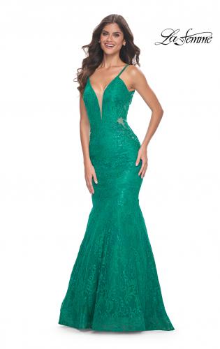 Picture of: Jewel Tone Long Mermaid Lace Dress with Back Rhinestone Detail in Jade, Style: 32315, Main Picture