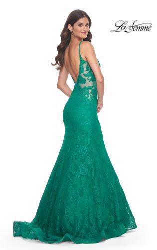 Picture of: Jewel Tone Long Mermaid Lace Dress with Back Rhinestone Detail in Jade, Style: 32315, Back Picture