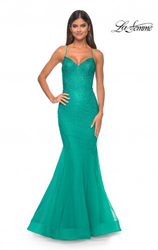 Picture of: Mermaid Prom Dress with Rhinestones and Lace Up Back in Jade, Style: 32273, Detail Picture 2