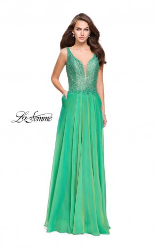Picture of: Long Evening Gown with Chiffon Skirt and Scoop Open Back in Jungle Green, Style: 25513, Detail Picture 2