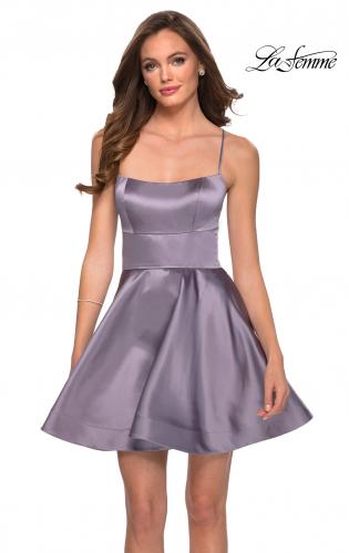Picture of: Satin Fit and Flare Short Dress with Lace Up Open Back in Lavender Gray, Style: 29342, Main Picture