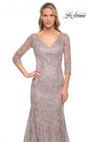Picture of: Stunning Lace Beaded Gown with Illusion Sleeves in Purple, Style: 30044, Detail Picture 1