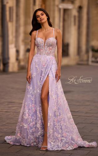 Picture of: Stunning Floral Tulle Gown with Corset Top and Slit in Lavender , Style 32695, Main Picture