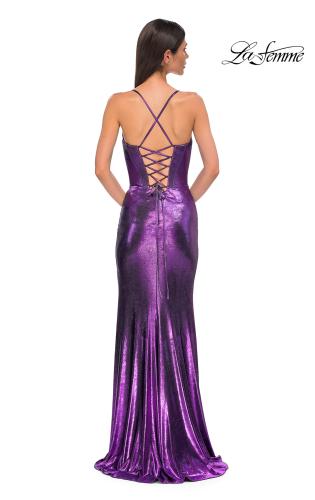 Picture of: Fitted Metallic Jersey Prom Dress with Corset Style Top in Lavender , Style 32877, Detail Picture 8
