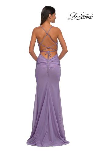 Picture of: Ruched Net Jersey Gown with Square Neckline in Lavender, Style: 33086, Detail Picture 8