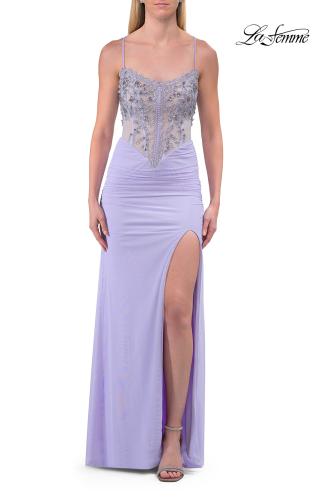 Picture of: Embroidered Corset Gown with Sheer Bodice and High Slit in Lavender, Style: 33783, Detail Picture 17