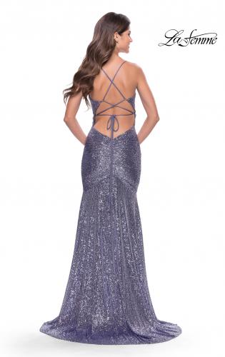 Picture of: Long Sequin Gown with Dramatic Flare Skirt and Slit in Bright Colors in Lavender, Style: 31431, Back Picture