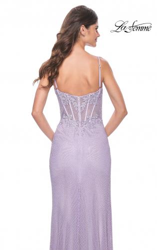 Picture of: Stunning Rhinestone Fishnet Dress with Lace Detail Bodice in Lavender, Style: 32236, Back Picture