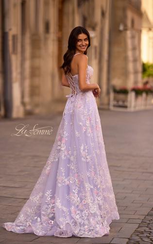 Picture of: Stunning Floral Tulle Gown with Corset Top and Slit in Lavender , Style 32695, Back Picture