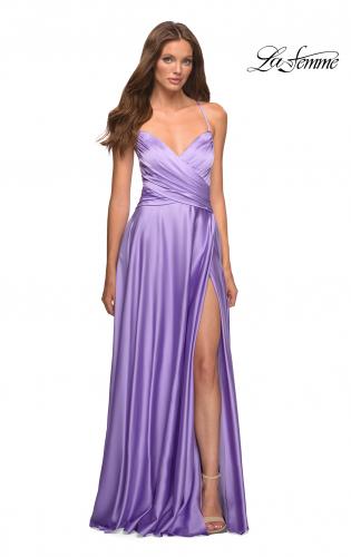 Picture of: Bright Satin Gown with Criss-Cross Ruched Top in Purple, Style: 30662, Detail Picture 1
