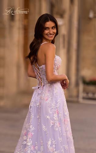 Picture of: Stunning Floral Tulle Gown with Corset Top and Slit in Lavender , Style 32695, Detail Picture 2