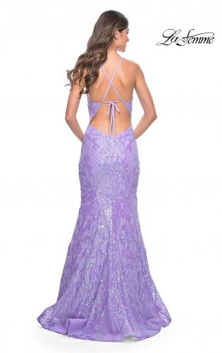 Picture of: Neon Mermaid Print Sequin Dress with Lace Up Open Back in Lavender, Style: 32337, Detail Picture 3