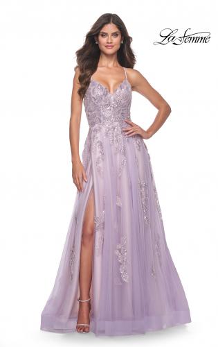 Picture of: Two Tone Tulle A-Line Prom Dress with Floral Beaded Detail in Lavender, Style: 32090, Detail Picture 4