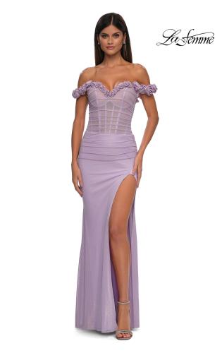 Picture of: Prom Dress with Rosette Off the Shoulder Straps and Neckline in Lavender, Style: 33044, Detail Picture 6