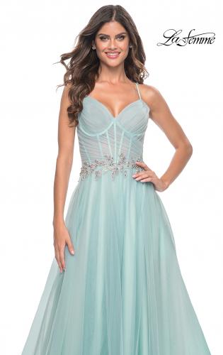 Picture of: A-Line Prom Gown with Ruched Bodice and Rhinestone Belt Detail in Light Blue, Style: 32117, Main Picture