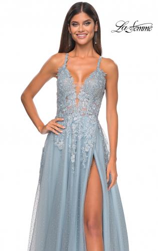 Picture of: Lace Embellished A-line Dress with Lace Up Back in Light Blue, Style: 32147, Detail Picture 8