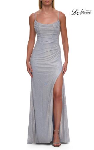 Picture of: Cowl Neck Rhinestone Gown with Side Ruching and High Slit in Light Blue, Style: 33272, Detail Picture 9