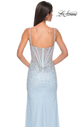Picture of: Rhinestone Embellished Fitted Prom Dress with Corset and Deep V in Light Blue, Style 32717, Detail Picture 10